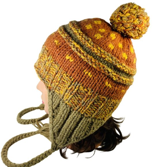 Seirus Lambswool Knit Hat W Pom Braided Tassel Orange Olive Green Adult or Teen - Picture 4 of 9